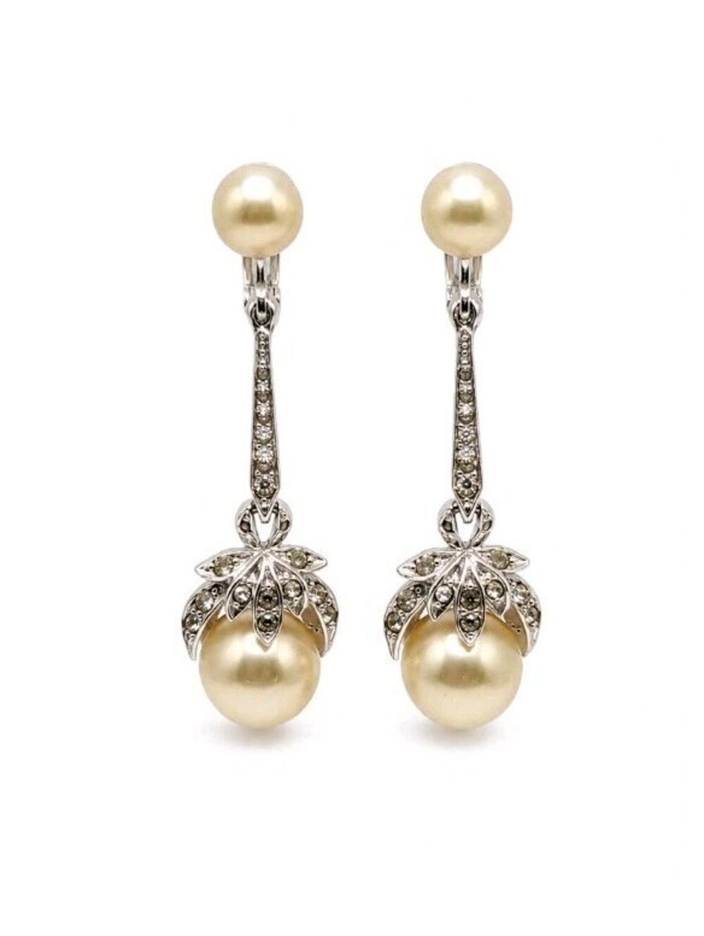 Vintage Signed PANETTA Faux Pearl Rhinestone Drop Dangle Earrings Rare Clip-ons